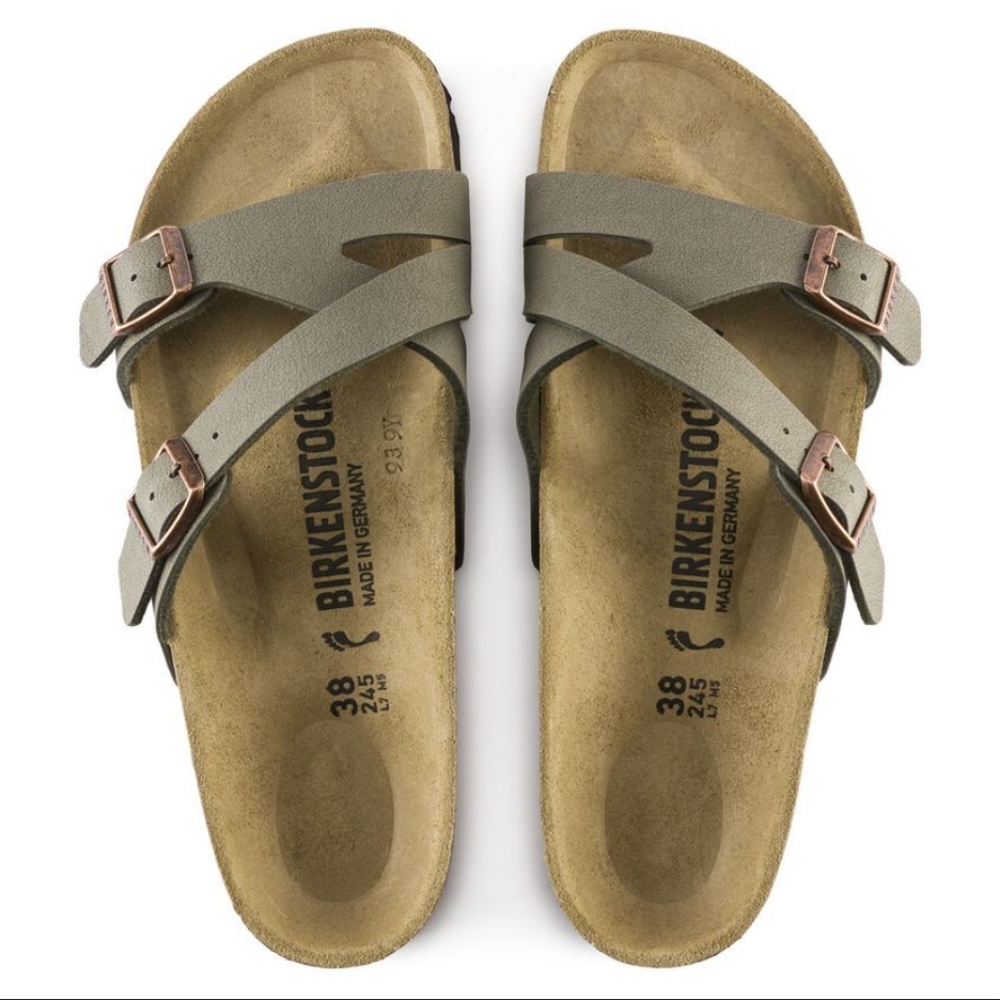 Birkenstock Yao Leather Birkibuc Sandals in Stone Gray Color